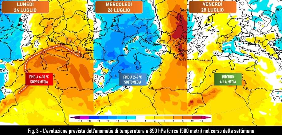 Evoluzione dell'anomalia della temperatura a 850 hPa